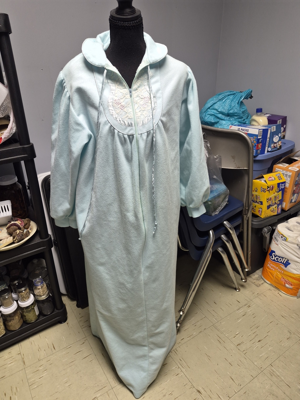 Apostrophe Light Blue Fleece Hooded Robe with Embroidered Bib
